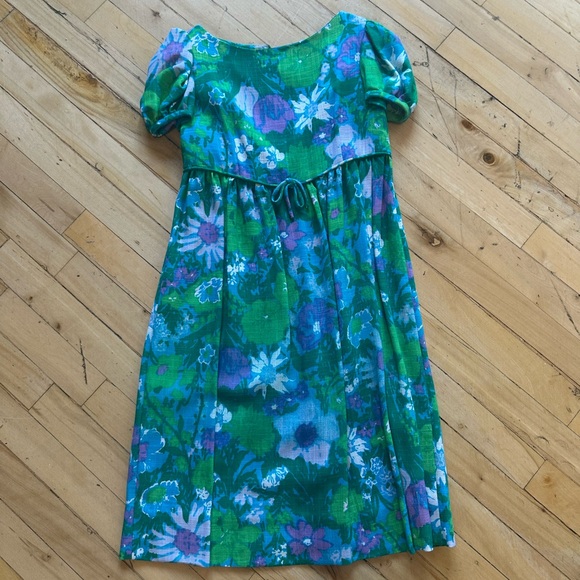 Vintage Dresses & Skirts - Retro Floral Green and Blue Empire-Waist Dress